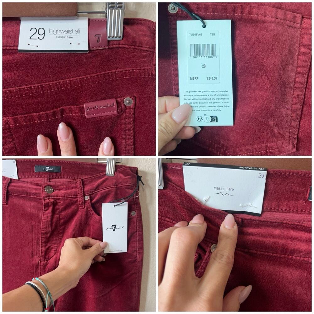 7 For All Mankind HW Ali Velvet Garnet Red High Waist Flare Pants 29 / Retro 70s - Picture 4 of 10